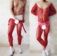 Scarlet Flame Men’s Bodystocking – Rotes Netzdesign mit floralem Muster, XS-L, dehnbar