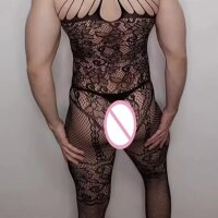 Noir Élegance Men’s Bodystocking – Black Lace Catsuit with Open Crotch, XS–L up to 90 kg