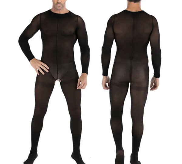Sheer Black Open-Crotch Mens Bodystocking – sheer, long-sleeve, breathable & stretchy