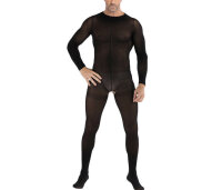 Sheer Black Open-Crotch Mens Bodystocking – sheer, long-sleeve, breathable & stretchy