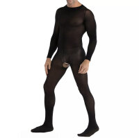 Sheer Black Open-Crotch Mens Bodystocking – sheer, long-sleeve, breathable & stretchy