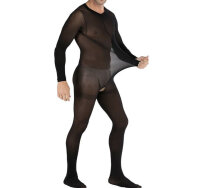 Sheer Black Open-Crotch Mens Bodystocking – sheer, long-sleeve, breathable & stretchy