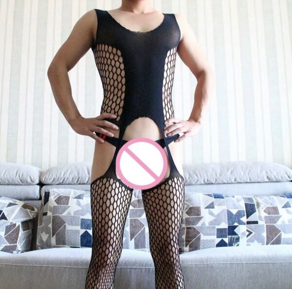 Black Fishnet Suspender Mens Bodystocking – großmaschig, ouvert, elastisch & komfortabel