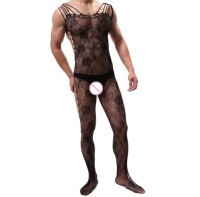 Midnight Rose Mens Catsuit – Floraler, elastischer Herren-Catsuit, ouvert, XS bis L