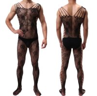 Floral Lace Strappy Mens Bodystocking – floral mesh, open crotch, stretchy close fit