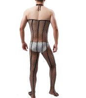 Halter Cutout Fishnet Mens Bodystocking – large mesh, halter neck, open crotch, stretchy