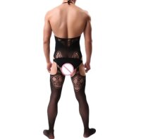 Halter Lace Suspender Mens Bodystocking – zarte Spitze, Halterneck, ouvert & elastisch