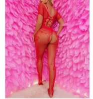 Scarlet Lattice Bloom Open-Crotch Bodystocking – red mesh, lace up cut outs & open crotch
