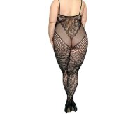 Black Lace Temptation Bodystocking – Schwarzer Spitzen Catsuit, ouvert (im Schritt offen), Einheitsgröße XS–L (34–40)