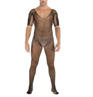 Black Grid Pattern Men’s Open Crotch Bodystocking – black mesh catsuit, size XS–L (EU 34–40)