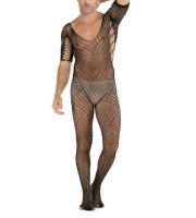 Black Grid Pattern Men’s Open Crotch Bodystocking – black mesh catsuit, size XS–L (EU 34–40)