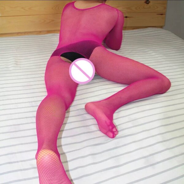 Neon Pink Men’s Open Crotch Mesh Bodystocking – Herren Bodystocking in Neonpink, ouvert, Langarm, Einheitsgröße XS–L (34–40)