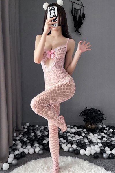 Blush Ribbon Cutout Bodystocking – Pastel Pink Lace Catsuit with Fishnet Legs & Ouvert Crotch
