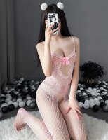 Blush Ribbon Cutout Bodystocking – Pastel Pink Lace Catsuit with Fishnet Legs & Ouvert Crotch