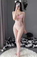 Blush Ribbon Cutout Bodystocking – Pastel Pink Lace Catsuit with Fishnet Legs & Ouvert Crotch