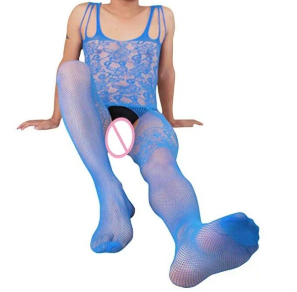 Ocean Desire Tri Strap Mens Bodystocking (One Size XS–L) – blue fishnet, open crotch, elastic