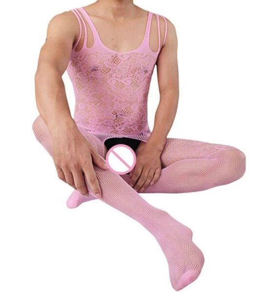 Baby Pink Tri-Strap Mens Bodystocking (One Size XS–L) – florales Netz, ouvert & elastisch