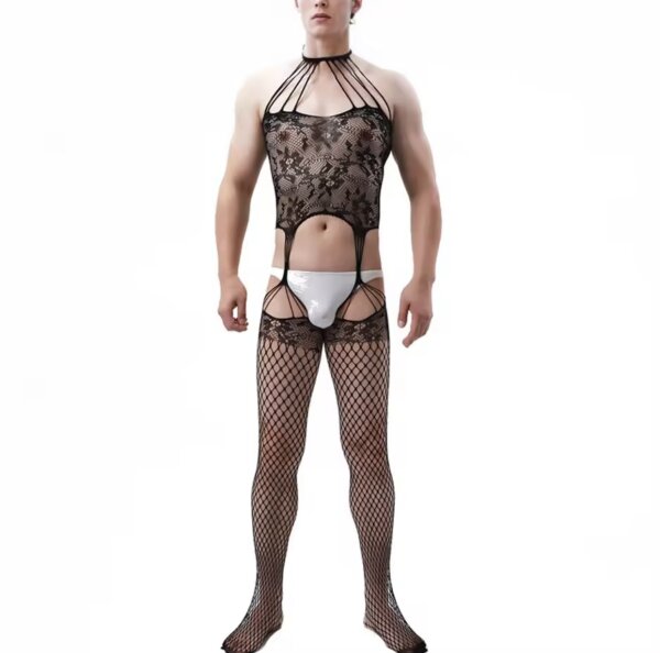 Shadow Web Men’s Bodystocking – Bold Fishnet Style for Him