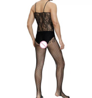 Ethereal Seduction Mens Bodystocking – Eleganter Catsuit für Männer, ouvert, Schwarz, dehnbar