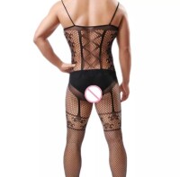 Eternal Lace Mens Bodystocking – Floral Fishnet Catsuit, Open Crotch, XS-M