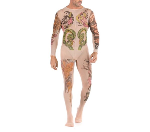 Ink Illusion Men’s Tattoo Mesh Bodystocking – Full-body tattoo print, long sleeves, open crotch, soft stretch mesh