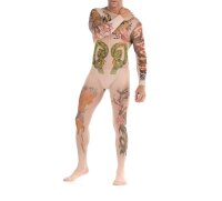 Ink Illusion Men’s Tattoo Mesh Bodystocking – Full-body tattoo print, long sleeves, open crotch, soft stretch mesh