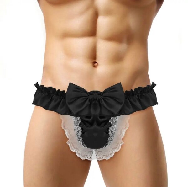 Elegant Ruffled Mens Brief – Schwarze Spitzen-Unterwäsche mit Schleifendetail, S-M