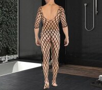 Macro Mesh Men’s Open-Crotch Bodystocking – Large-Hole Fishnet Catsuit with 3/4 Sleeves, Stretchy, One Size XS–L