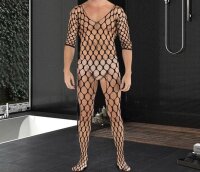 Macro Mesh Men’s Open-Crotch Bodystocking – Large-Hole Fishnet Catsuit with 3/4 Sleeves, Stretchy, One Size XS–L