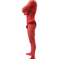 Red Inferno Men’s Lace Net Bodystocking – Roter Herren Netz-Bodystocking mit floraler Spitze, ouvert & elastisch