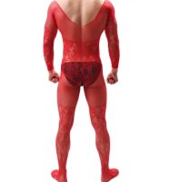 Red Inferno Men’s Lace Net Bodystocking – Roter Herren Netz-Bodystocking mit floraler Spitze, ouvert & elastisch