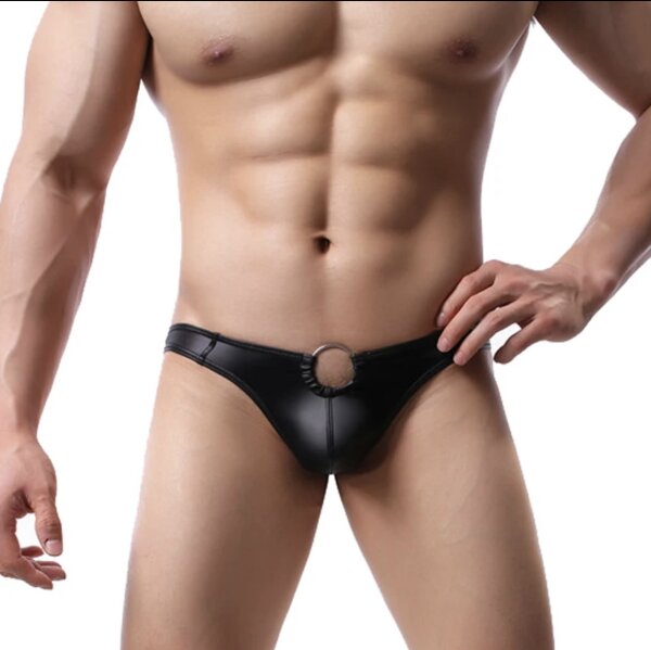 Black Vortex Mens Thong – Verführerischer Wetlook-Tanga mit Metallring, XS-M