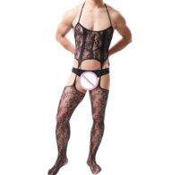 Black Desire Men’s Lace Suspender Bodystocking – Schwarzer Herren Netz-Bodystocking mit Spitzenmuster & ouvert Design