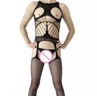 Phantom Grid Men’s Bodystocking – Men’s Fishnet Catsuit with Cutouts and Open Crotch, XS-L