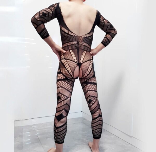 Geometric Desire Open Crotch Men’s Bodystocking – Ouverter Herren-Bodystocking mit geometrischem Netz & Langarm, Einheitsgröße XS–M (EU 34–40)