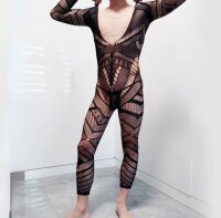 Geometric Desire Open Crotch Men’s Bodystocking – Ouverter Herren-Bodystocking mit geometrischem Netz & Langarm, Einheitsgröße XS–M (EU 34–40)