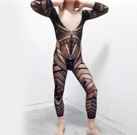 Geometric Desire Open Crotch Men’s Bodystocking – Ouverter Herren-Bodystocking mit geometrischem Netz & Langarm, Einheitsgröße XS–M (EU 34–40)