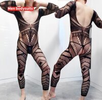 Geometric Desire Open Crotch Men’s Bodystocking – Ouverter Herren-Bodystocking mit geometrischem Netz & Langarm, Einheitsgröße XS–M (EU 34–40)