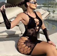 Mystic Seduction Black Dress – Verführerisches Langarm-Dessous mit Handschuhen, XS-M, elastisch