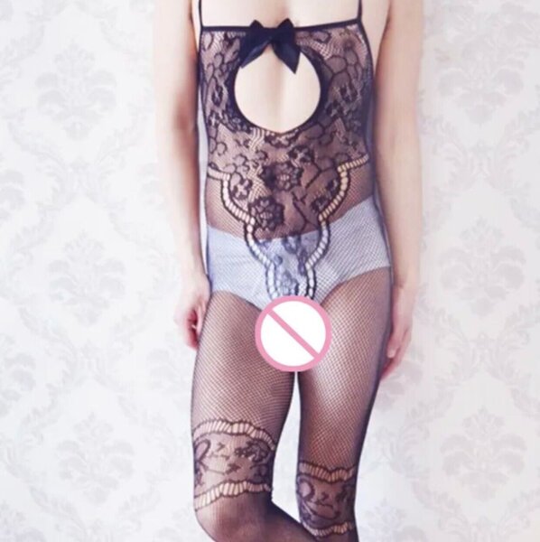 Midnight Bloom Mens Bodystocking – Floraler Netz-Catsuit mit Schleifendetail, Ouvert, XS-L