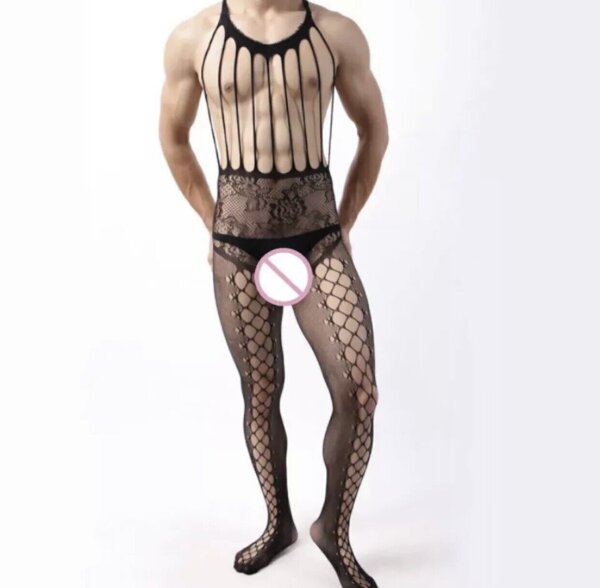 Shadow Stripes Men’s Bodystocking – Schwarzer Netz-Catsuit mit Streifen-Design & ouvert Schritt, XS–M