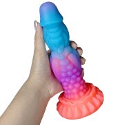 Solar Bloom Dildo – Fantasy Dildo with Surface Texture & Glow Effect, 22 cm in Neon Blue-Violet with a Glowing Orange Base