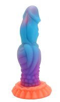 Solar Bloom Dildo – Fantasy Dildo with Surface Texture & Glow Effect, 22 cm in Neon Blue-Violet with a Glowing Orange Base