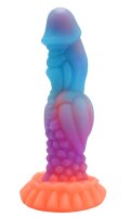 Solar Bloom Dildo – Fantasy Dildo with Surface Texture & Glow Effect, 22 cm in Neon Blue-Violet with a Glowing Orange Base