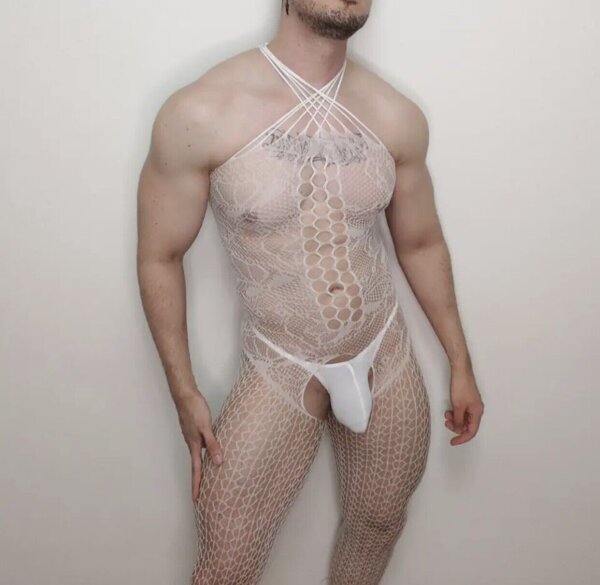 Celestial Desire Men’s Bodystocking – Weißer Netz-Catsuit mit raffiniertem Design & ouvert-Schnitt