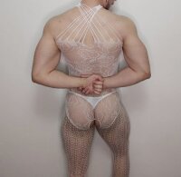 Ivory Nexus Lace Net Bodystocking – White Open-Crotch Fishnet Catsuit for Men, floral lace pattern, stretchy & comfortable