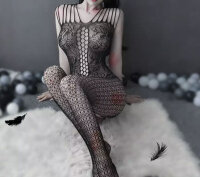 Noir Seduction Bodystocking – Black Lace Fishnet with Cut-Outs & Open Back/Crotch, One Size XS–L up to 70 kg