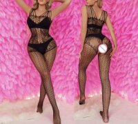 Noir Seduction Bodystocking – Black Lace Fishnet with Cut-Outs & Open Back/Crotch, One Size XS–L up to 70 kg