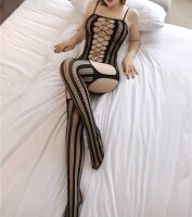 Midnight Lattice Bodystocking – Black Fishnet Catsuit with Lace-Up Cut-Out & Open Crotch, XS-L