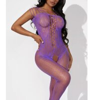 Violet Lace Mesh Bodystocking – Purple Fishnet Catsuit with Lace Details & Open Crotch, One Size XS–L